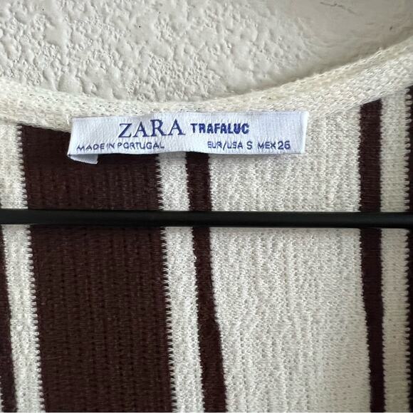 Zara Trafaluc Vertical Striped Dress Y2K V Neck Cream Brown Small - Picture 3 of 6